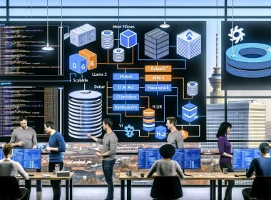 Modernes deutsches Büro: ein diverses Team arbeitet konzentriert vor Bildschirmen mit Code, Datenpipelines und KI-Dashboards; Logos von Llama 3, Mistral und Haystack; Whiteboard mit DSGVO, EU AI Act und Datensouveränität; GPU-Server mit Kubernetes und vLLM; im Hintergrund Enterprise-Kontext mit SAP/SharePoint.