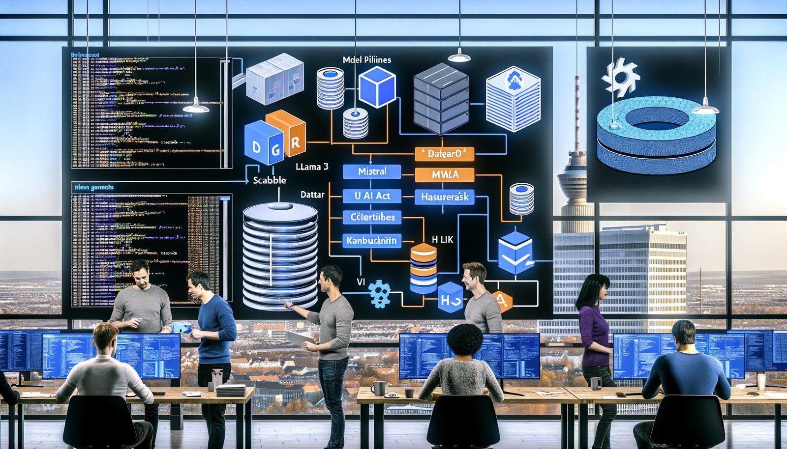 Modernes deutsches Büro: ein diverses Team arbeitet konzentriert vor Bildschirmen mit Code, Datenpipelines und KI-Dashboards; Logos von Llama 3, Mistral und Haystack; Whiteboard mit DSGVO, EU AI Act und Datensouveränität; GPU-Server mit Kubernetes und vLLM; im Hintergrund Enterprise-Kontext mit SAP/SharePoint.