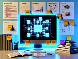 Minimalistischer Arbeitsplatz mit großem Monitor, der vernetzte KI-Bausteine „LLM“, „RAG“ und „Feature Store“ zeigt; Sticky Notes „Guardrails“, „Measurement“, „Strategy“, Reports, Brand-Guides und MLOps-Overlays; kühle, sachliche Atmosphäre.