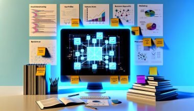 Minimalistischer Arbeitsplatz mit großem Monitor, der vernetzte KI-Bausteine „LLM“, „RAG“ und „Feature Store“ zeigt; Sticky Notes „Guardrails“, „Measurement“, „Strategy“, Reports, Brand-Guides und MLOps-Overlays; kühle, sachliche Atmosphäre.