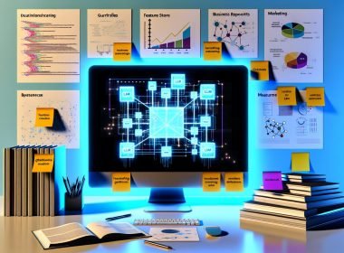 Minimalistischer Arbeitsplatz mit großem Monitor, der vernetzte KI-Bausteine „LLM“, „RAG“ und „Feature Store“ zeigt; Sticky Notes „Guardrails“, „Measurement“, „Strategy“, Reports, Brand-Guides und MLOps-Overlays; kühle, sachliche Atmosphäre.