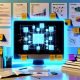 Minimalistischer Arbeitsplatz mit großem Monitor, der vernetzte KI-Bausteine „LLM“, „RAG“ und „Feature Store“ zeigt; Sticky Notes „Guardrails“, „Measurement“, „Strategy“, Reports, Brand-Guides und MLOps-Overlays; kühle, sachliche Atmosphäre.