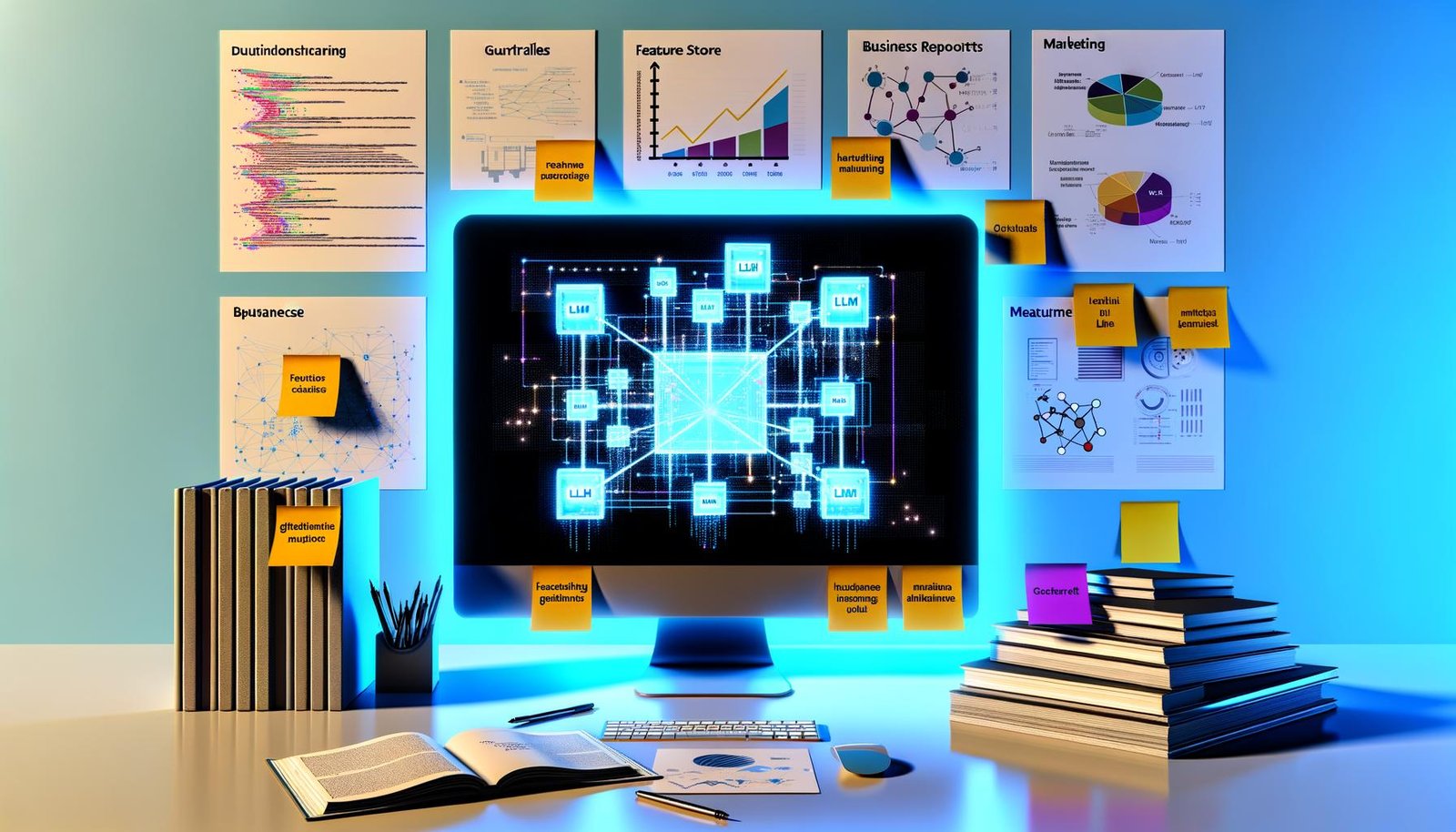 Minimalistischer Arbeitsplatz mit großem Monitor, der vernetzte KI-Bausteine „LLM“, „RAG“ und „Feature Store“ zeigt; Sticky Notes „Guardrails“, „Measurement“, „Strategy“, Reports, Brand-Guides und MLOps-Overlays; kühle, sachliche Atmosphäre.