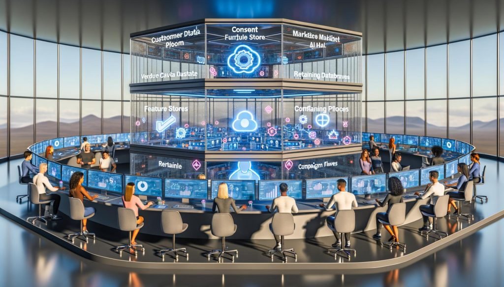 Futuristischer KI-Marketing-Kontrollraum mit Glaswänden, vernetzten Dashboards, leuchtender CDP, Feature Stores, Vektor-Datenbanken und Retraining-Pipelines; diverse Teams arbeiten an KPIs, Guardrails, Consent und Compliance.