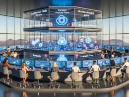 Futuristischer KI-Marketing-Kontrollraum mit Glaswänden, vernetzten Dashboards, leuchtender CDP, Feature Stores, Vektor-Datenbanken und Retraining-Pipelines; diverse Teams arbeiten an KPIs, Guardrails, Consent und Compliance.