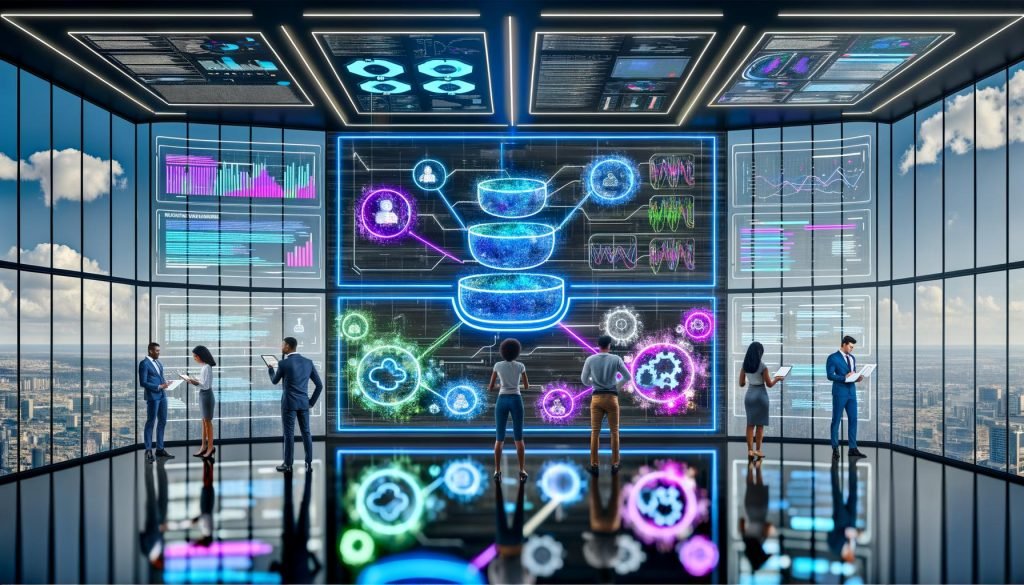 Futuristischer Marketing-Kontrollraum mit Glaswänden; diverse Fachleute analysieren transparente Daten-Screens mit KI-Modellen, KPIs und animiertem Funnel.