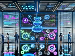 Futuristischer Marketing-Kontrollraum mit Glaswänden; diverse Fachleute analysieren transparente Daten-Screens mit KI-Modellen, KPIs und animiertem Funnel.