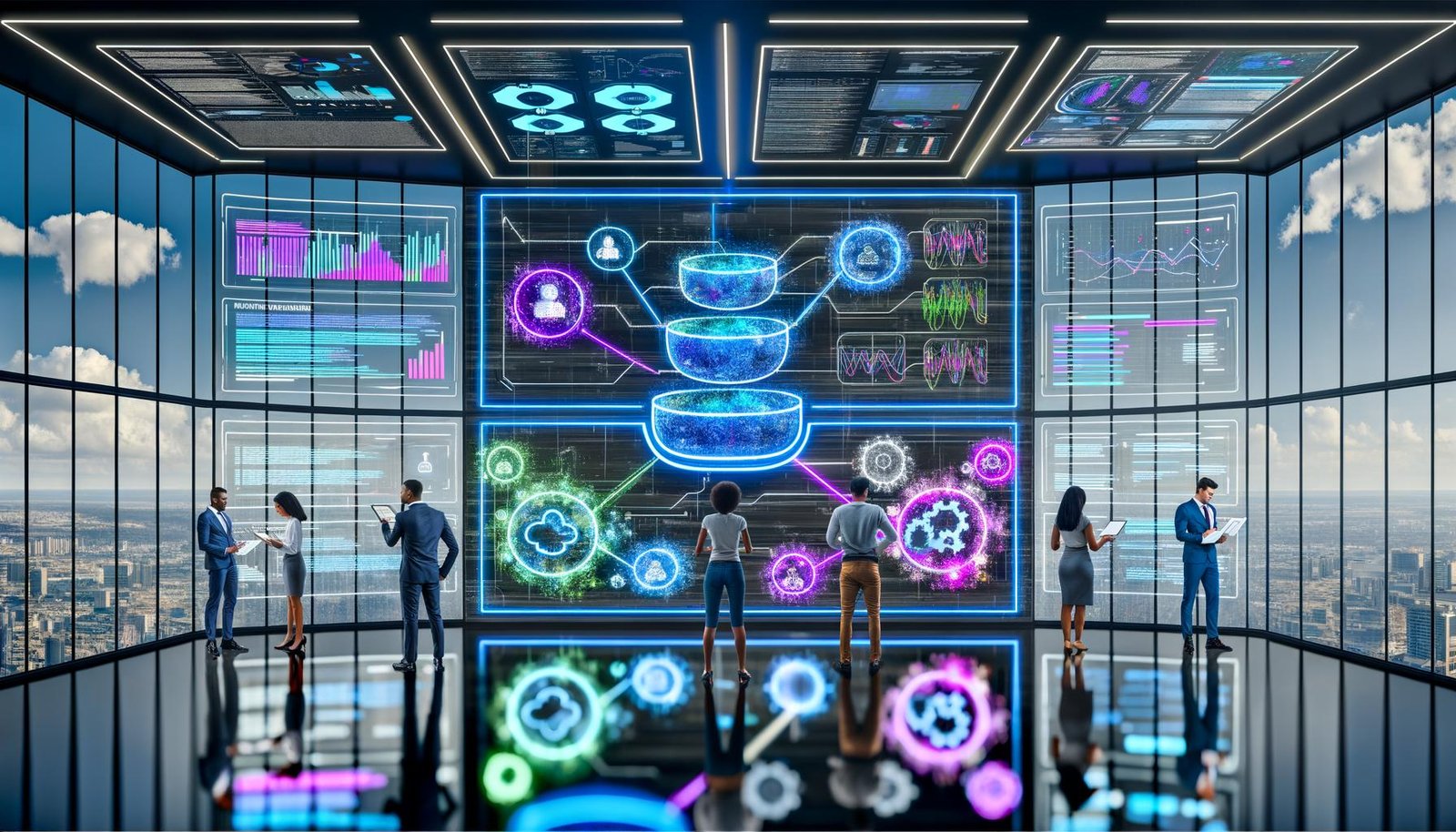 Futuristischer Marketing-Kontrollraum mit Glaswänden; diverse Fachleute analysieren transparente Daten-Screens mit KI-Modellen, KPIs und animiertem Funnel.