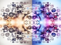 Zweiteilige Illustration: links traditionelle KI mit Zahnrädern, Entscheidungsbäumen, Tabellen und regelbasierten Pfeilen; rechts kreative AI mit neuronalen Netzen, generativen Textströmen, digitalen Agenten und Farbverläufen; in der Mitte „VS“ und Buzzwords, umgeben von Marketing-Icons für Content, SEO, Ads und Attribution.