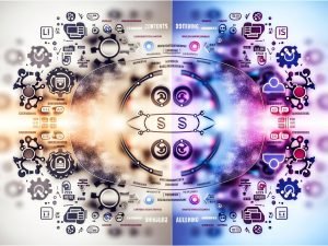 Zweiteilige Illustration: links traditionelle KI mit Zahnrädern, Entscheidungsbäumen, Tabellen und regelbasierten Pfeilen; rechts kreative AI mit neuronalen Netzen, generativen Textströmen, digitalen Agenten und Farbverläufen; in der Mitte „VS“ und Buzzwords, umgeben von Marketing-Icons für Content, SEO, Ads und Attribution.