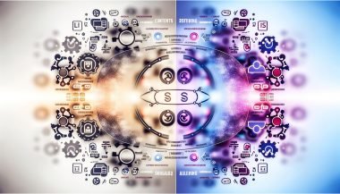 Zweiteilige Illustration: links traditionelle KI mit Zahnrädern, Entscheidungsbäumen, Tabellen und regelbasierten Pfeilen; rechts kreative AI mit neuronalen Netzen, generativen Textströmen, digitalen Agenten und Farbverläufen; in der Mitte „VS“ und Buzzwords, umgeben von Marketing-Icons für Content, SEO, Ads und Attribution.