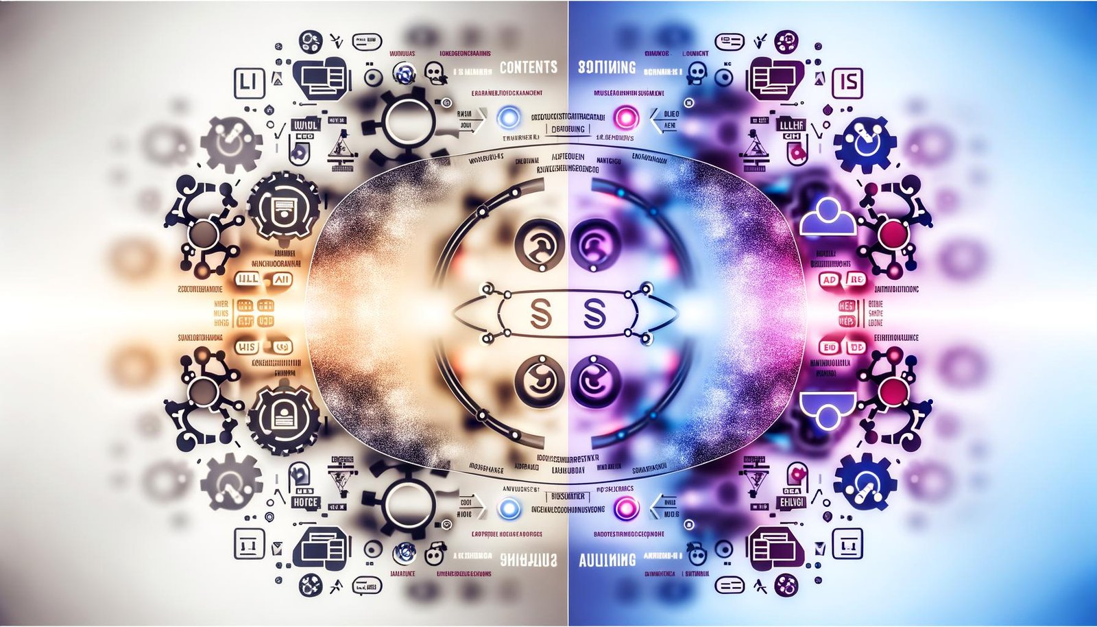 Zweiteilige Illustration: links traditionelle KI mit Zahnrädern, Entscheidungsbäumen, Tabellen und regelbasierten Pfeilen; rechts kreative AI mit neuronalen Netzen, generativen Textströmen, digitalen Agenten und Farbverläufen; in der Mitte „VS“ und Buzzwords, umgeben von Marketing-Icons für Content, SEO, Ads und Attribution.