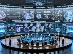 Futuristischer KI-Kontrollraum mit Datenströmen, Wissensgraphen und neuronalen Visualisierungen; Team arbeitet an transparentem Display mit Metriken, SHAP, Gegenfaktoren und Governance-Hinweisen.