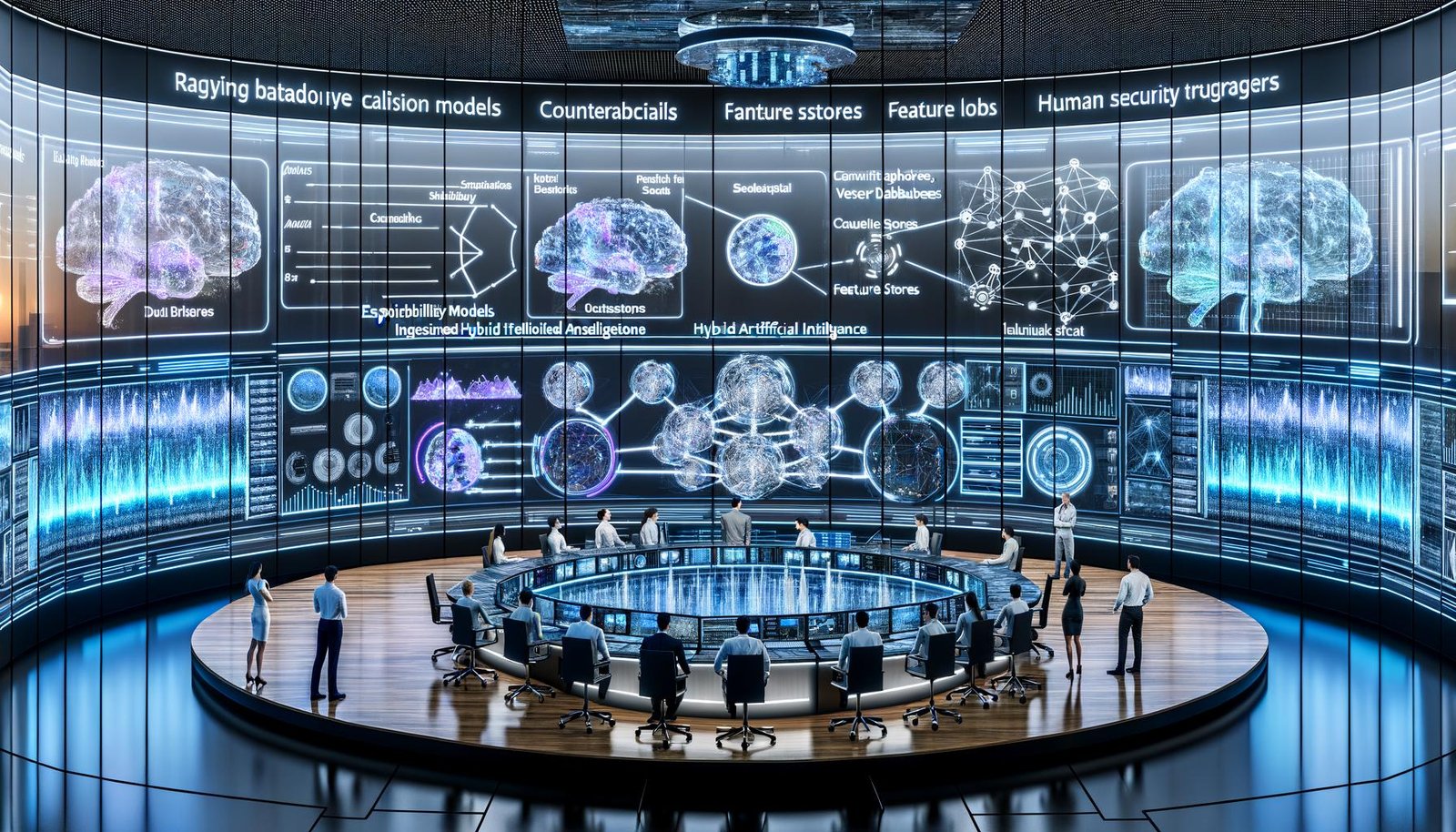 Futuristischer KI-Kontrollraum mit Datenströmen, Wissensgraphen und neuronalen Visualisierungen; Team arbeitet an transparentem Display mit Metriken, SHAP, Gegenfaktoren und Governance-Hinweisen.