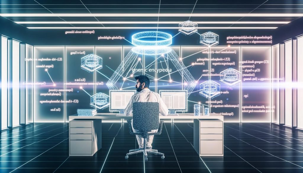 Person an großem Schreibtisch in modernem, lichtdurchflutetem Büro, umgeben von holografischen Knowledge-Graph-Strukturen, Wikipedia/Wikidata-Logos und Diagrammen zu Entity-SEO, E-E-A-T und JSON-LD; Hybrid aus KI und menschlicher Kontrolle, SERP-Ranking-Graph im Hintergrund.