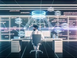 Person an großem Schreibtisch in modernem, lichtdurchflutetem Büro, umgeben von holografischen Knowledge-Graph-Strukturen, Wikipedia/Wikidata-Logos und Diagrammen zu Entity-SEO, E-E-A-T und JSON-LD; Hybrid aus KI und menschlicher Kontrolle, SERP-Ranking-Graph im Hintergrund.
