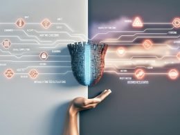 Dynamische Editorial‑Illustration zur zweischneidigen Rolle von KI im Unternehmen: links eine menschliche Hand mit Hightech‑Werkzeug in Leiterbahn‑Form, klare Datenflüsse, Diagramme und Interfaces für Effizienz, Automatisierung und ROI; rechts rote Warnzeichen, Sicherheitsschilde, verhedderte Linien und Glitch‑Effekte als Hinweise auf Bias, Compliance und chaotische Folgen; im Hintergrund verblassende Marketing‑Buzzwords, Fokus auf robuste Infrastruktur und Disziplin.