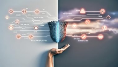 Dynamische Editorial‑Illustration zur zweischneidigen Rolle von KI im Unternehmen: links eine menschliche Hand mit Hightech‑Werkzeug in Leiterbahn‑Form, klare Datenflüsse, Diagramme und Interfaces für Effizienz, Automatisierung und ROI; rechts rote Warnzeichen, Sicherheitsschilde, verhedderte Linien und Glitch‑Effekte als Hinweise auf Bias, Compliance und chaotische Folgen; im Hintergrund verblassende Marketing‑Buzzwords, Fokus auf robuste Infrastruktur und Disziplin.