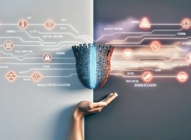 Dynamische Editorial‑Illustration zur zweischneidigen Rolle von KI im Unternehmen: links eine menschliche Hand mit Hightech‑Werkzeug in Leiterbahn‑Form, klare Datenflüsse, Diagramme und Interfaces für Effizienz, Automatisierung und ROI; rechts rote Warnzeichen, Sicherheitsschilde, verhedderte Linien und Glitch‑Effekte als Hinweise auf Bias, Compliance und chaotische Folgen; im Hintergrund verblassende Marketing‑Buzzwords, Fokus auf robuste Infrastruktur und Disziplin.