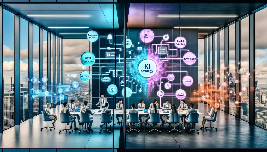 Futuristisches Büro hoch über der Stadt, in zwei Hälften geteilt: links ein chaotisches Team mit KI-Chatbots, Selfies, LinkedIn und bunten Folien; rechts ein fokussiertes Team am Konferenztisch über Bauplänen und Datenflussdiagrammen. Transparente Screens zeigen Datenpipelines, Modellregister und Compliance-Checklisten. Im Zentrum leuchtet die Blaupause „KI Strategy 2025“ mit Datenqualität, MLOps, Governance und ROI; kühle Blautöne, professionelle Atmosphäre.