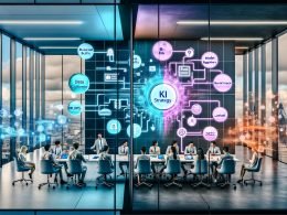 Futuristisches Büro hoch über der Stadt, in zwei Hälften geteilt: links ein chaotisches Team mit KI-Chatbots, Selfies, LinkedIn und bunten Folien; rechts ein fokussiertes Team am Konferenztisch über Bauplänen und Datenflussdiagrammen. Transparente Screens zeigen Datenpipelines, Modellregister und Compliance-Checklisten. Im Zentrum leuchtet die Blaupause „KI Strategy 2025“ mit Datenqualität, MLOps, Governance und ROI; kühle Blautöne, professionelle Atmosphäre.