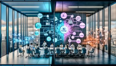 Futuristisches Büro hoch über der Stadt, in zwei Hälften geteilt: links ein chaotisches Team mit KI-Chatbots, Selfies, LinkedIn und bunten Folien; rechts ein fokussiertes Team am Konferenztisch über Bauplänen und Datenflussdiagrammen. Transparente Screens zeigen Datenpipelines, Modellregister und Compliance-Checklisten. Im Zentrum leuchtet die Blaupause „KI Strategy 2025“ mit Datenqualität, MLOps, Governance und ROI; kühle Blautöne, professionelle Atmosphäre.