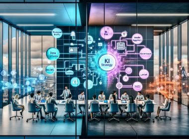 Futuristisches Büro hoch über der Stadt, in zwei Hälften geteilt: links ein chaotisches Team mit KI-Chatbots, Selfies, LinkedIn und bunten Folien; rechts ein fokussiertes Team am Konferenztisch über Bauplänen und Datenflussdiagrammen. Transparente Screens zeigen Datenpipelines, Modellregister und Compliance-Checklisten. Im Zentrum leuchtet die Blaupause „KI Strategy 2025“ mit Datenqualität, MLOps, Governance und ROI; kühle Blautöne, professionelle Atmosphäre.