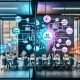 Futuristisches Büro hoch über der Stadt, in zwei Hälften geteilt: links ein chaotisches Team mit KI-Chatbots, Selfies, LinkedIn und bunten Folien; rechts ein fokussiertes Team am Konferenztisch über Bauplänen und Datenflussdiagrammen. Transparente Screens zeigen Datenpipelines, Modellregister und Compliance-Checklisten. Im Zentrum leuchtet die Blaupause „KI Strategy 2025“ mit Datenqualität, MLOps, Governance und ROI; kühle Blautöne, professionelle Atmosphäre.