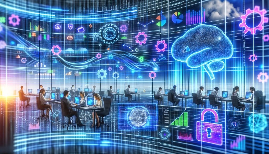 Moderne, dynamische Illustration eines High-Tech-Büros: holografisches Dashboard mit fließenden Daten, KI-Symbolen (Gehirn, Zahnräder, Code, neuronale Netze) und KPI-Charts; diverse Fachkräfte arbeiten an Laptops mit generativen KI-Tools, Chatbots, Automatisierung und Visualisierung; große Displays mit Daten-Pipelines, Modellregistries und Token-Budgets; Edge-Gerät mit lokaler KI-Inferenz; Symbole für Datenschutz (Vorhängeschloss, EU-Flagge), Ethik (Hand mit Waage) und Compliance.