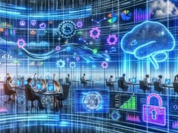Moderne, dynamische Illustration eines High-Tech-Büros: holografisches Dashboard mit fließenden Daten, KI-Symbolen (Gehirn, Zahnräder, Code, neuronale Netze) und KPI-Charts; diverse Fachkräfte arbeiten an Laptops mit generativen KI-Tools, Chatbots, Automatisierung und Visualisierung; große Displays mit Daten-Pipelines, Modellregistries und Token-Budgets; Edge-Gerät mit lokaler KI-Inferenz; Symbole für Datenschutz (Vorhängeschloss, EU-Flagge), Ethik (Hand mit Waage) und Compliance.