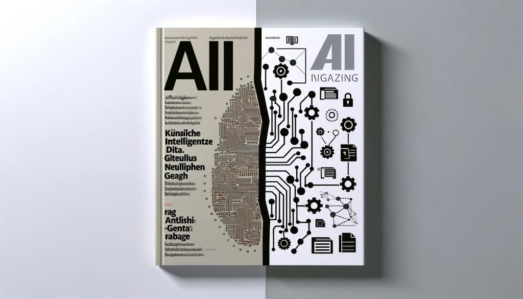 Split-Screen-Illustration: links „Artificial Intelligence (AI)“ mit neuronalen Netzen und Datenströmen, rechts „künstliche Intelligenz“ mit Zahnrädern, Chips und Aktenordnern; darunter Icons für ML, DL, GenAI und RAG.