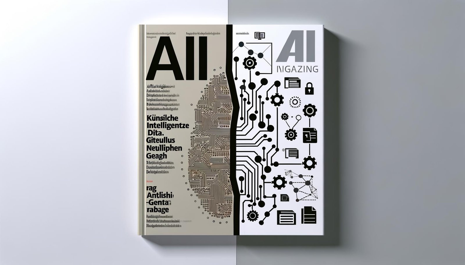 Split-Screen-Illustration: links „Artificial Intelligence (AI)“ mit neuronalen Netzen und Datenströmen, rechts „künstliche Intelligenz“ mit Zahnrädern, Chips und Aktenordnern; darunter Icons für ML, DL, GenAI und RAG.