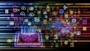 Futuristische Collage des „KI‑Internets“: Datenströme und Algorithmen über klassischem Browser, neuronale Netze ersetzen Icons; 3D‑Modelle, semantische Graphen, LLM‑Knoten, Vektor‑Datenbanken und personalisierte Antwortblasen.