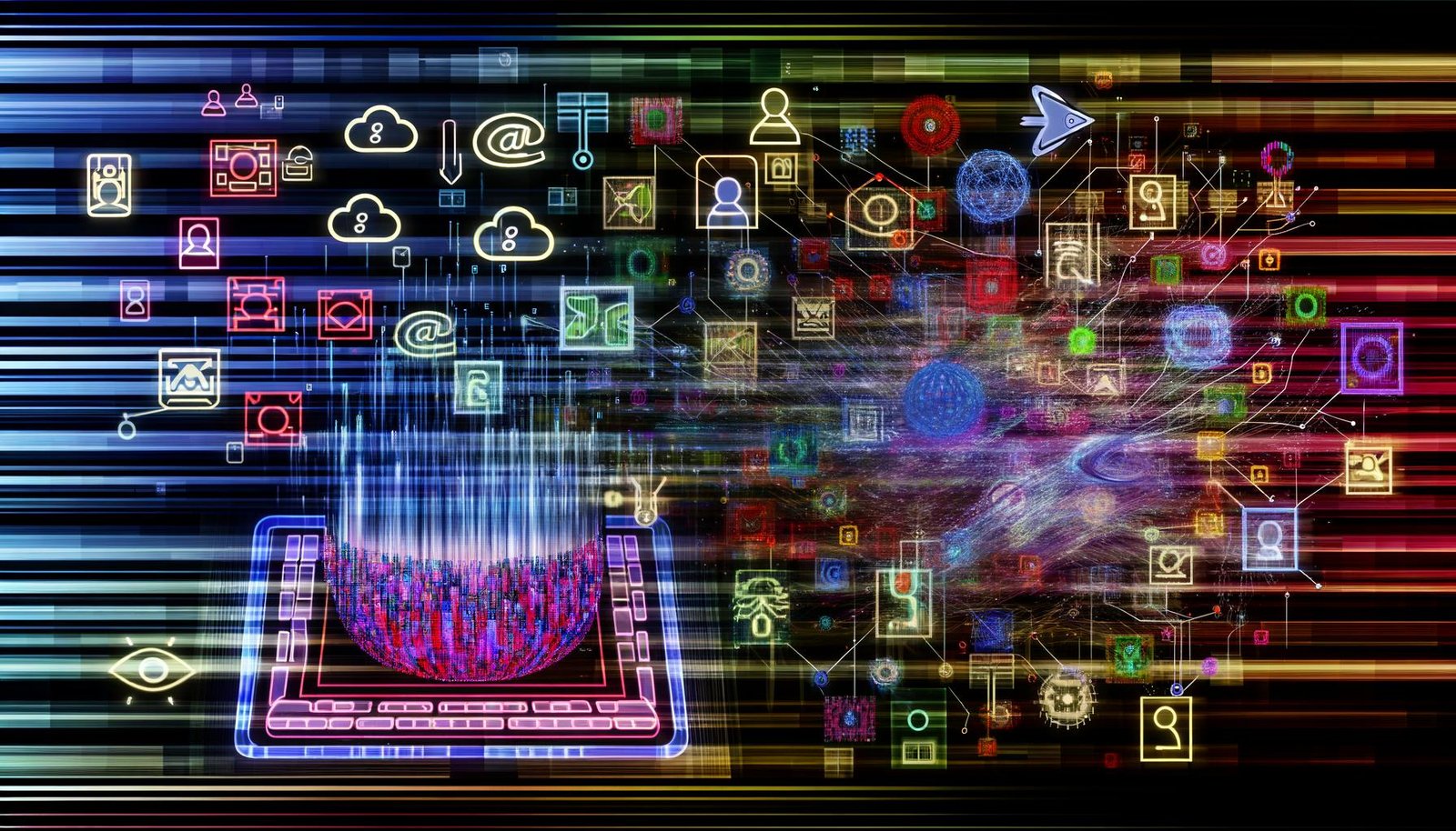 Futuristische Collage des „KI‑Internets“: Datenströme und Algorithmen über klassischem Browser, neuronale Netze ersetzen Icons; 3D‑Modelle, semantische Graphen, LLM‑Knoten, Vektor‑Datenbanken und personalisierte Antwortblasen.