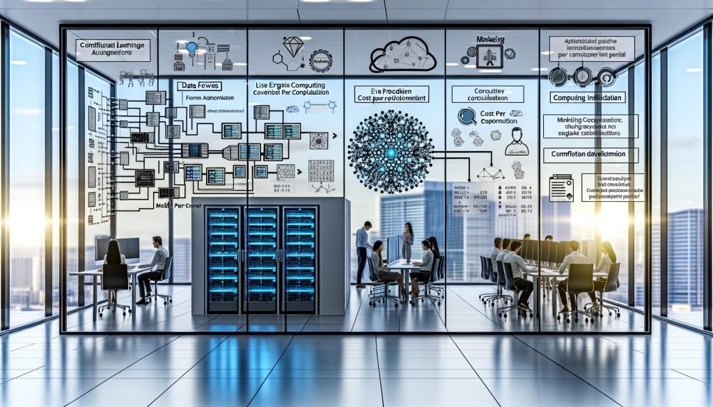 Modernes KI‑Büro: diverse Teams vor Screens mit Datenpipelines, neuronalen Netzen, Live‑Metriken, CI/CD‑Pipelines und Compliance‑Hinweisen (EU AI Act, DSGVO).