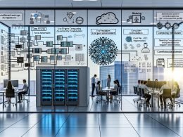 Modernes KI‑Büro: diverse Teams vor Screens mit Datenpipelines, neuronalen Netzen, Live‑Metriken, CI/CD‑Pipelines und Compliance‑Hinweisen (EU AI Act, DSGVO).