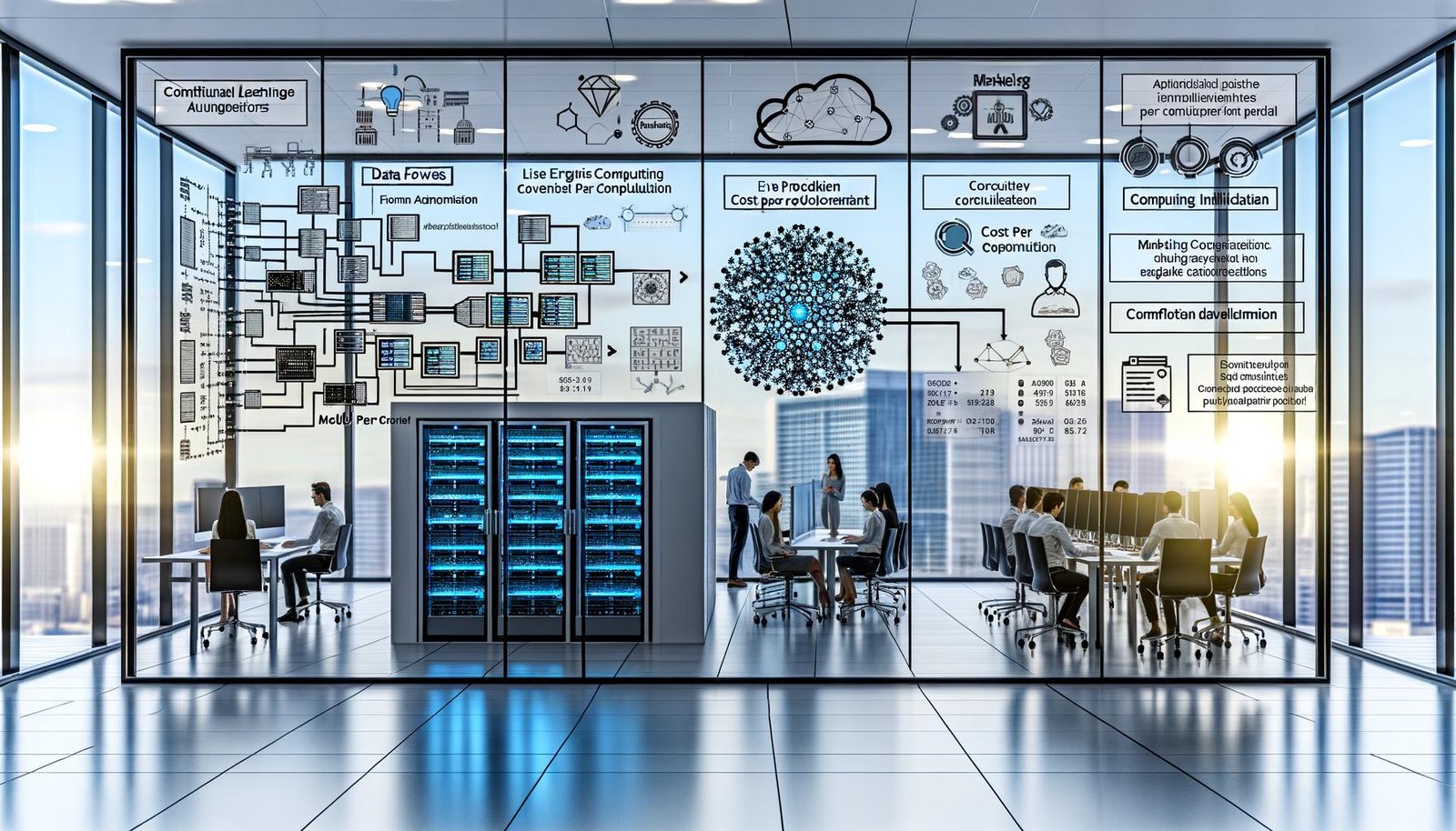 Modernes KI‑Büro: diverse Teams vor Screens mit Datenpipelines, neuronalen Netzen, Live‑Metriken, CI/CD‑Pipelines und Compliance‑Hinweisen (EU AI Act, DSGVO).