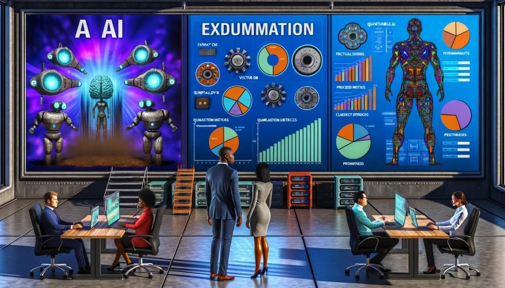 Futuristisches Büro mit zwei Marketingprofis vor geteilter Screen‑Wall: links KI‑Mythos (Roboter, leuchtende Netze), rechts Realität (KPIs, Compliance, Pipelines); Vector‑DB‑Server, Budget‑Tabellen, Kristallkugel, Laptop mit Code.