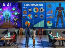 Futuristisches Büro mit zwei Marketingprofis vor geteilter Screen‑Wall: links KI‑Mythos (Roboter, leuchtende Netze), rechts Realität (KPIs, Compliance, Pipelines); Vector‑DB‑Server, Budget‑Tabellen, Kristallkugel, Laptop mit Code.