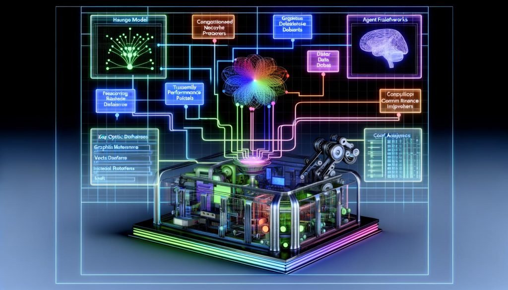 Futuristische KI-Maschine im Querschnitt mit modularen GPUs/NPUs, Datenpipelines, Transformer- und Vektordatenbank-Icons, Roboterarm und KPI-Dashboards.