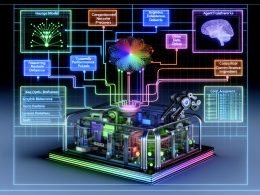 Futuristische KI-Maschine im Querschnitt mit modularen GPUs/NPUs, Datenpipelines, Transformer- und Vektordatenbank-Icons, Roboterarm und KPI-Dashboards.