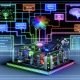 Futuristische KI-Maschine im Querschnitt mit modularen GPUs/NPUs, Datenpipelines, Transformer- und Vektordatenbank-Icons, Roboterarm und KPI-Dashboards.