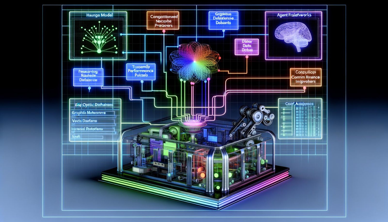 Futuristische KI-Maschine im Querschnitt mit modularen GPUs/NPUs, Datenpipelines, Transformer- und Vektordatenbank-Icons, Roboterarm und KPI-Dashboards.