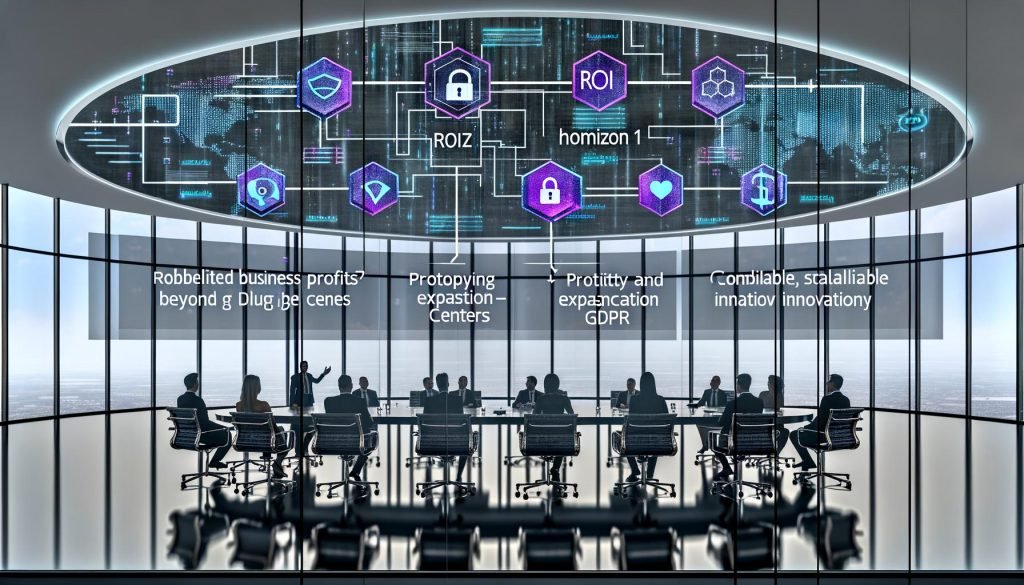Führungskräfte im Hightech-Boardroom vor KI-Visualisierungen: ROI, Compliance (GDPR) und Hybrid-IT; auf dem Tisch Horizonte 1–3, Fokus auf KPIs.