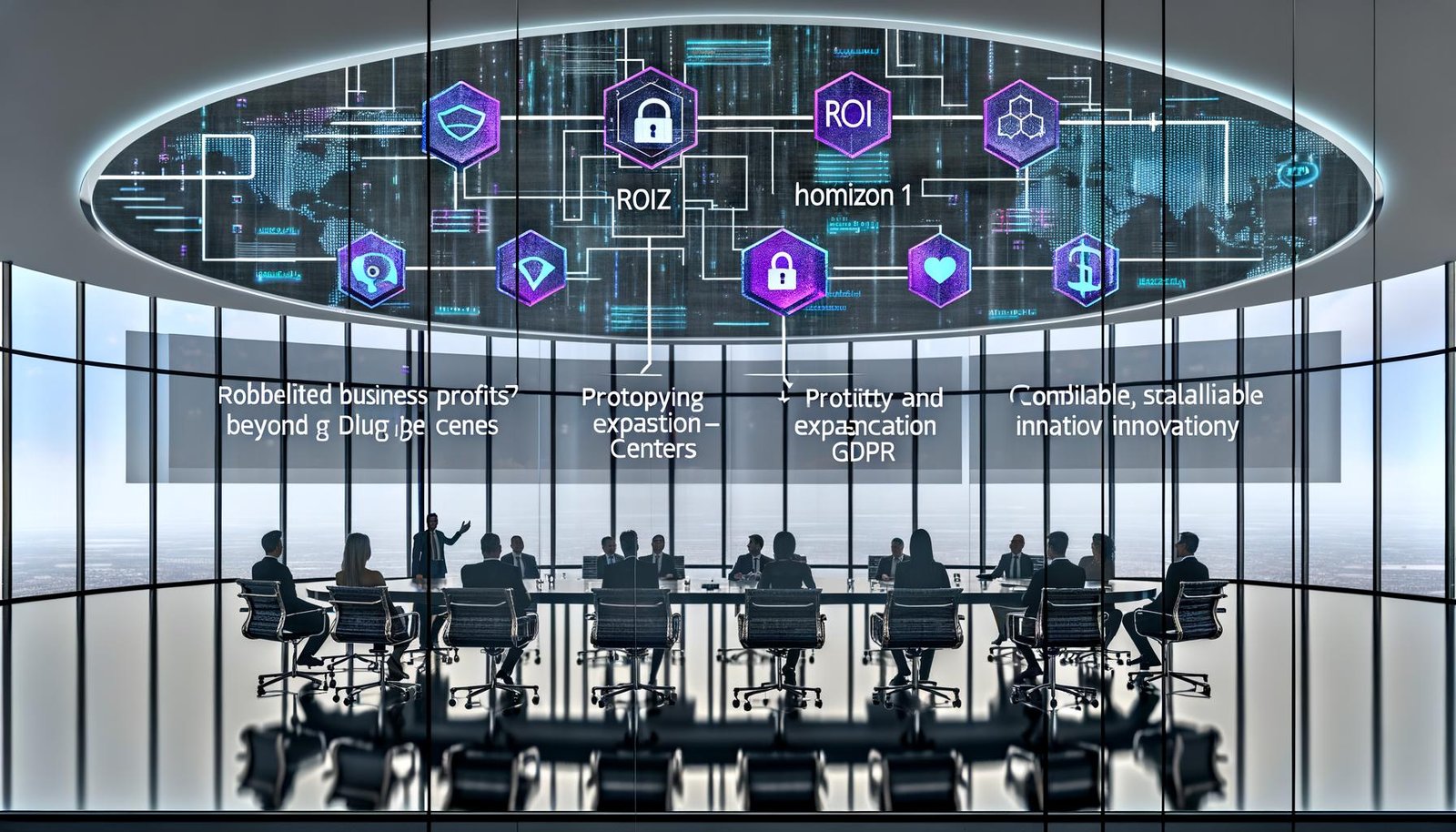 Führungskräfte im Hightech-Boardroom vor KI-Visualisierungen: ROI, Compliance (GDPR) und Hybrid-IT; auf dem Tisch Horizonte 1–3, Fokus auf KPIs.