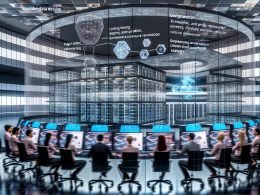 Modernes KI-Forschungsinstitut mit Teams an großen Workstations, Modellvisualisierungen, transparenten Datenflüssen, Serverracks, Robotik, HPC und Governance.