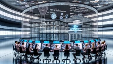 Modernes KI-Forschungsinstitut mit Teams an großen Workstations, Modellvisualisierungen, transparenten Datenflüssen, Serverracks, Robotik, HPC und Governance.