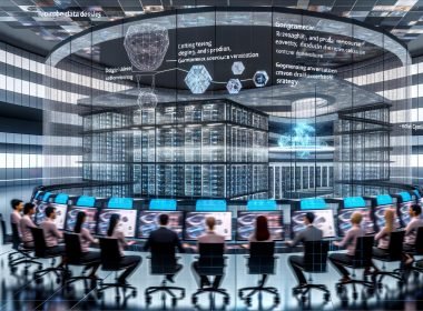 Modernes KI-Forschungsinstitut mit Teams an großen Workstations, Modellvisualisierungen, transparenten Datenflüssen, Serverracks, Robotik, HPC und Governance.