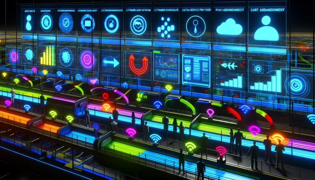 Futuristische Fabrikhalle als Datenzentrum bei Nacht: transparente Screens mit Metriken, CRM/CDP/ESP- und API-Icons, Compliance-Schilde und bunte Datenströme mit Chats, Ads, Push und E-Mails; Workflows und Event-Trigger (Signup, Warenkorbabbruch); Ingenieur:innen überwachen die Systeme.