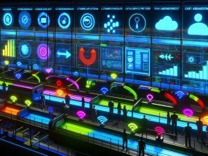 Futuristische Fabrikhalle als Datenzentrum bei Nacht: transparente Screens mit Metriken, CRM/CDP/ESP- und API-Icons, Compliance-Schilde und bunte Datenströme mit Chats, Ads, Push und E-Mails; Workflows und Event-Trigger (Signup, Warenkorbabbruch); Ingenieur:innen überwachen die Systeme.